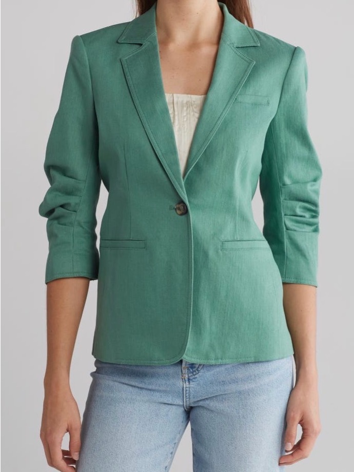 Cinq A Sept Green Khloe Ruched Sleeve Single-Button Blazer